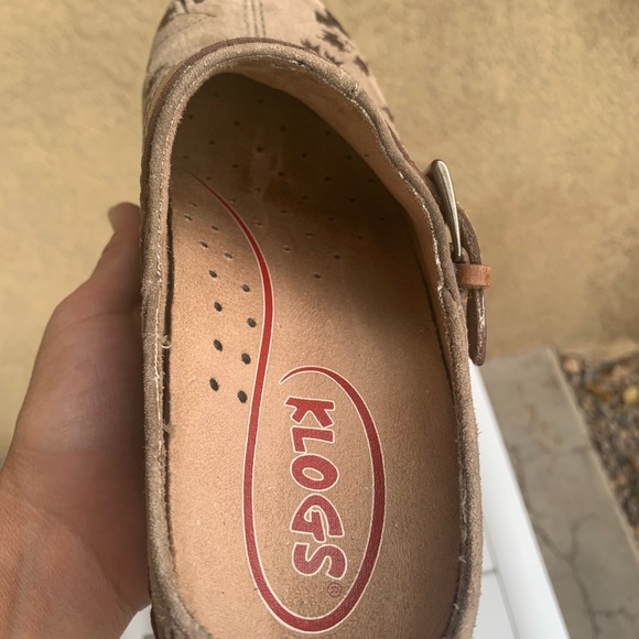 Klogs taupe suede and brown leather embroidered clogs mules size 7.5M - Picture 15 of 15